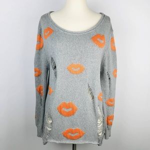 Love Tree Distressed Torn Sweater with Lip Prints